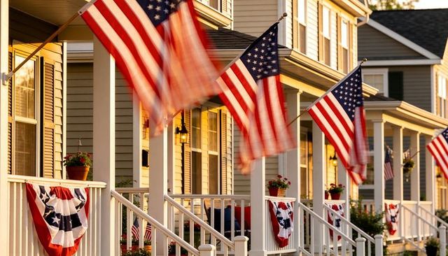 Waving american flags on sunlit suburban porches, patriotic bunting, golden hour glow