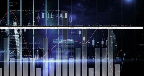 Futuristic financial dashboard overlaying night skyline featuring candlestick, bar, line charts