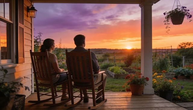 Couple watching sunset on rustic porch in rocking chairs overlooking garden and fields