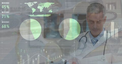 Caucasian Doctor Analyzing Data with Financial Interface Overlay - Download Free Stock Images Pikwizard.com