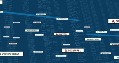 Floating user tag gliding over neon-blue data dashboard with code columns and analytics