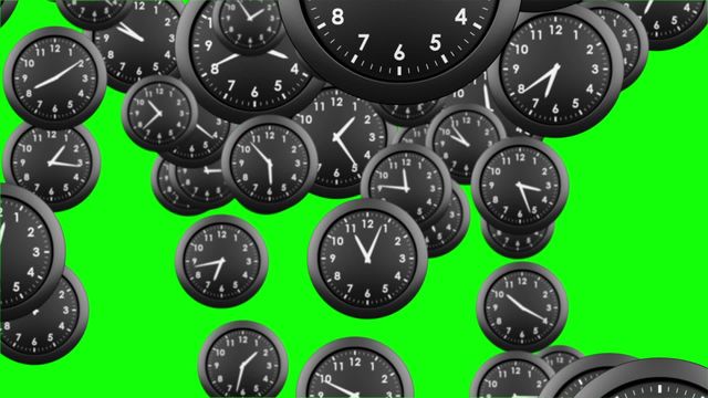 Over eighty black clocks with unique time settings float randomly on a vivid green background. Optimized for graphic design projects, the motion graphic provides ample opportunities to explore creative time-related themes. Designers can employ the dynamic layout for video content requiring time representations or unique background elements.