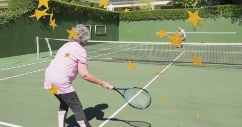 Energetic Senior Woman Playing Tennis with Star Effects