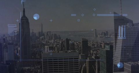 Rooftop midtown skyline with futuristic hud overlays and art deco spire, urban dataviz