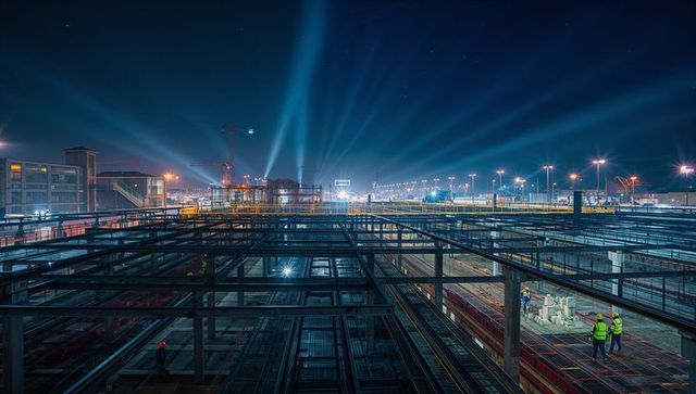 Nighttime Construction at Rail Yard Highlighting Infrastructure Development