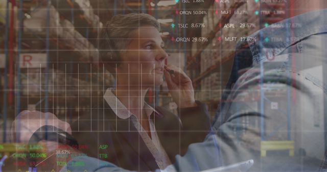 Warehouse Manager Overseeing Operations with Stock Market Data Overlay - Download Free Stock Images Pikwizard.com