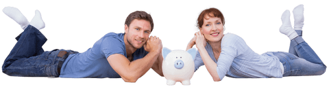 couple comfortably lying on floor with a piggy bank, representing financial planning and joint saving goals. great for illustrating themes of family finance, partnership, and economic planning on various promotional and educational materials.