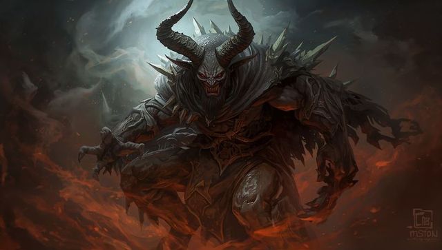 Ferocious horned demon roaming fiery hellscape