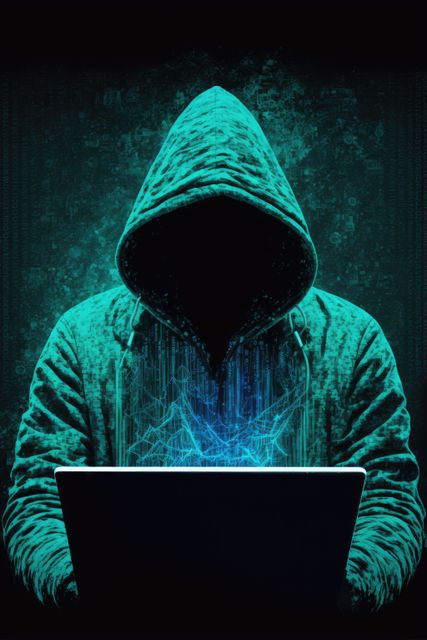 Hacker in hoodie using laptop over digital data background, created using generative ai technology. Global online hacking, security, technology and computing concept digitally generated image.