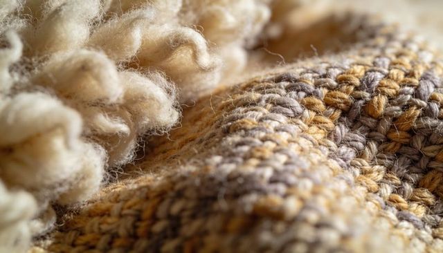 Macro wool textile texture with variegated knit and cream fleece fibers, cozy neutral tones