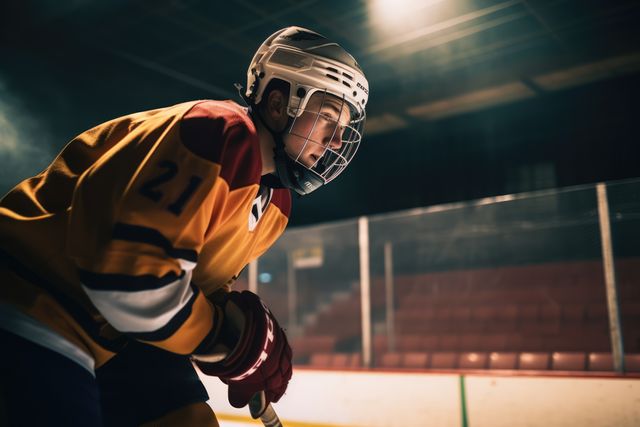 A hockey player prepares for a game on the ice rink, with copy space. Focus and determination are evident as the athlete gets ready for competition in the arena.
