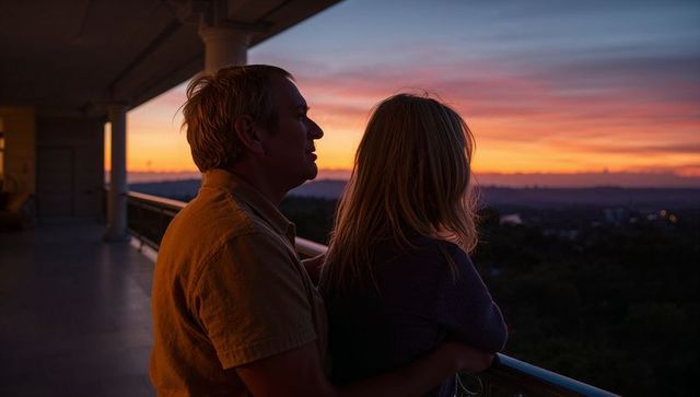 Couple embracing on balcony watching colorful sunset over cityscape at dusk