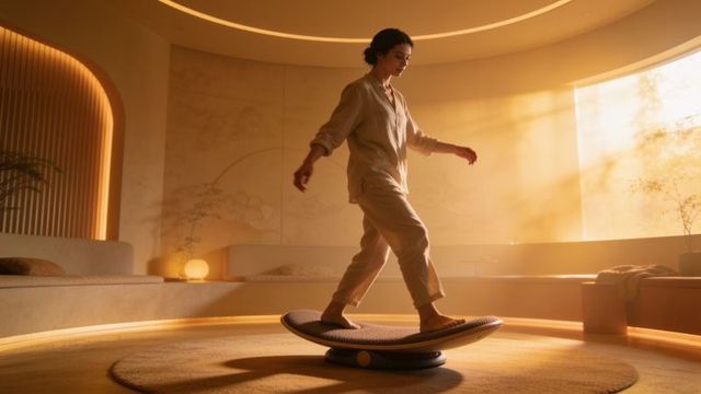Woman balancing on wobble board in sunlit minimalist wellness room, linen loungewear calm