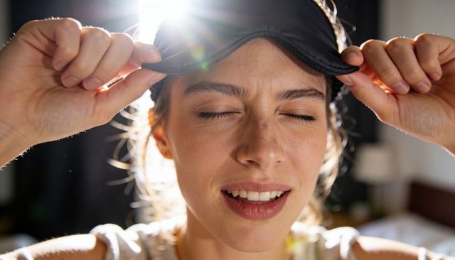 Waking to sun: woman lifting silk sleep mask closeup portrait with backlit sun halo