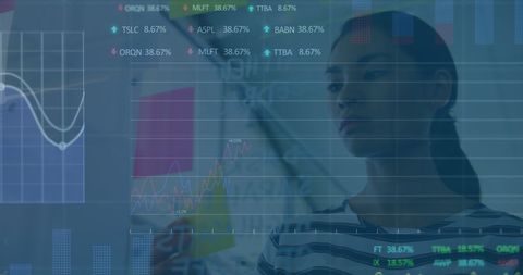 Businesswoman Analyzing Stock Market Data Hologram in Office