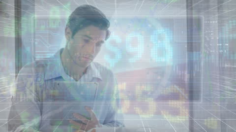 Businessman Analyzing Digital Data Stream in Modern Office