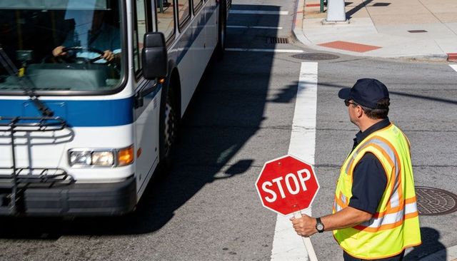 Flagger directing traffic stopping city bus at crosswalk wearing reflective safety vest
