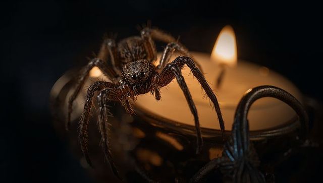 Macro of hairy brown spider on candle holder with lit flame