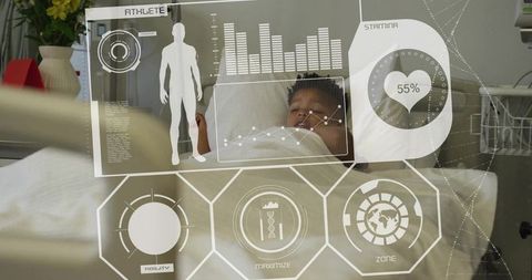Reclining child in hospital bed with futuristic biometric hud displaying vital signs