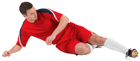 Transparent soccer player in red kit sliding for kick