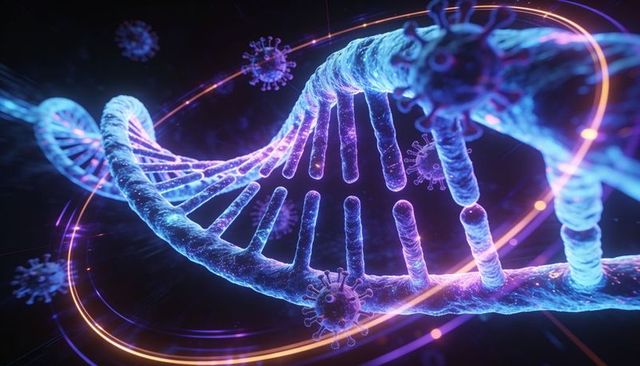 Neon dna helix glowing with viral particles, futuristic biotech molecular visualization