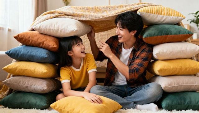 Dad and daughter building cozy pillow fort on living room rug, laughing and bonding