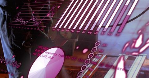 Male Silhouette Studying Neon Purple Data Dashboards with Tablet, Charts and Code Overlays