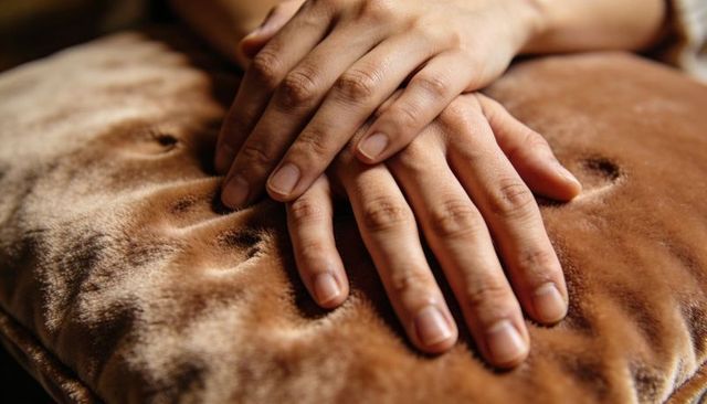 Resting hands on plush tufted cushion close-up intimate comfort lifestyle detail cozy