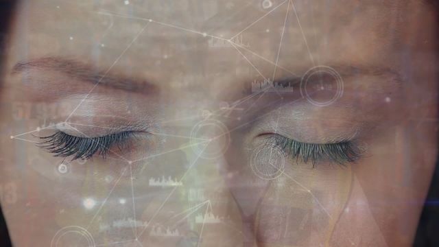 This digital representation of a woman with her eyes closed, overlaid with a network of connections and data processing visuals, epitomizes the fusion of humanity and technology. Ideal for use in projects related to technology, artificial intelligence, data analytics, and futuristic themes. Perfect for illustrating the concept of digital or cyber transformation, blending human and machine interaction.