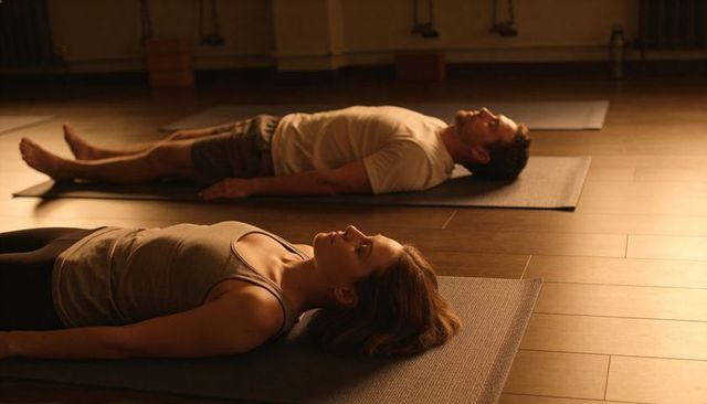 Couple relaxing in savasana on mats in dim yoga studio with warm ambient lighting