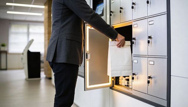 Businessman placing white paper bag into lit parcel locker in modern office lobby