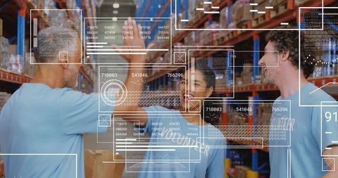 High-fiving warehouse volunteers celebrating teamwork in warehouse aisle with HUD overlay