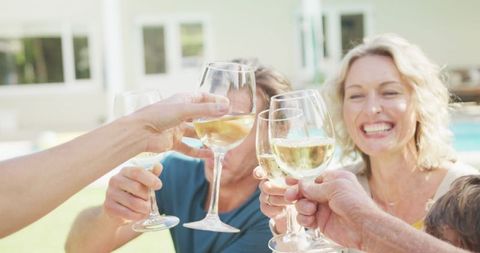 Joyful Family Toasting with White Wine Outdoors