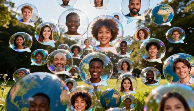 Smiling african american woman among floating diverse faces in bubbles over sunlit park