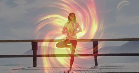 Woman Practicing Yoga with Enchanting Light Aura by Peaceful Lake