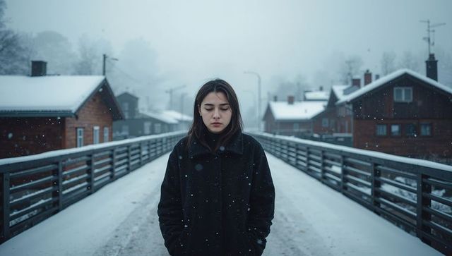 Woman standing on snowy bridge with hands in pockets, contemplative winter fog
