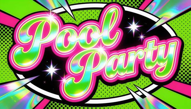Iridescent neon pool party retro comic badge with glossy script typography and starbursts