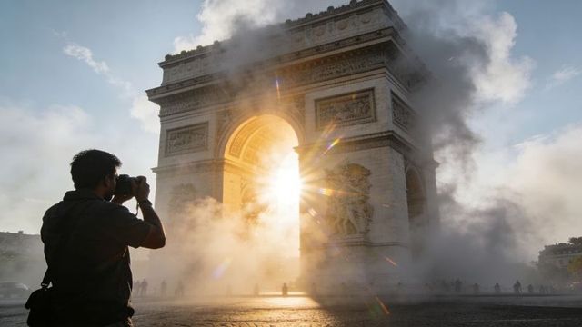 Sunburst through triumphal arch with dramatic smoke and silhouette photographer capturing
