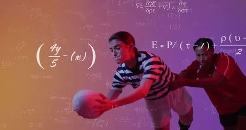 Athletes engaged in dynamic training with science equation overlay