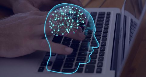 AI Brain Processing Above Typing Hands on Laptop Keyboard