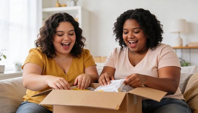 Joyful friends unboxing delivery together on sofa home celebrating surprise package moment