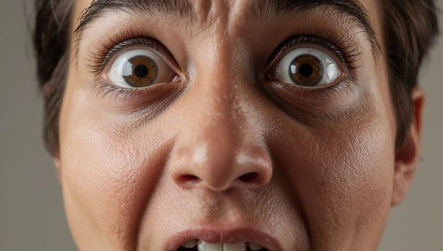 Extreme closeup female-presenting face staring with wide brown eyes showing skin texture