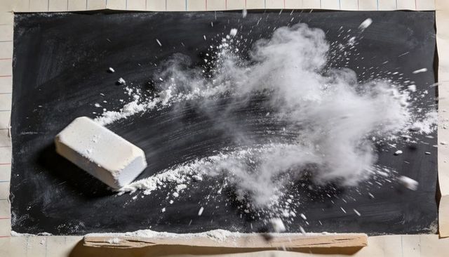 Chalk block sliding across blackboard creating dramatic chalk dust explosion and streaks