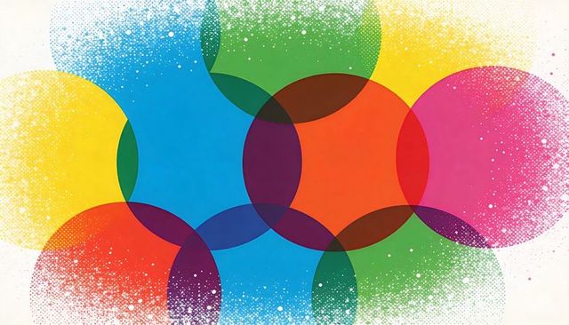 Overlapping translucent circles with halftone spray grain, vibrant geometric composition