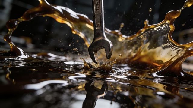 Open-end wrench plunging into motor oil splash, crown droplets and metallic reflection