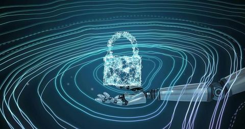 Hovering holographic padlock above robotic hand representing ai security and encryption
