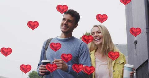Couple Enjoying Coffee with Valentine's Day Heart Overlay