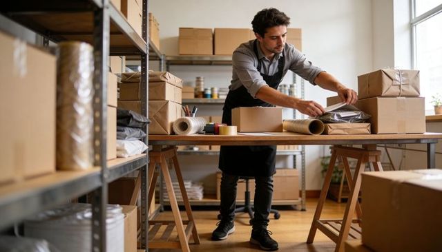 Man packing online orders in workshop preparing parcels for shipping and fulfillment