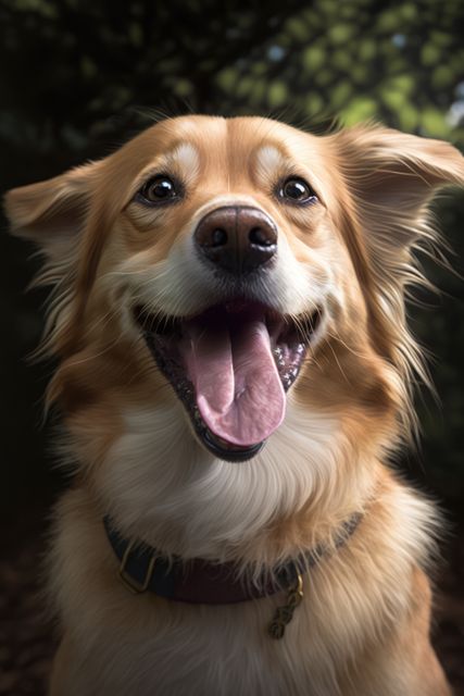 Golden retriever dog smiling with tongue out, wearing collar, standing outdoors. Ideal for pet-related content, veterinary services, and marketing materials promoting pet care and products.