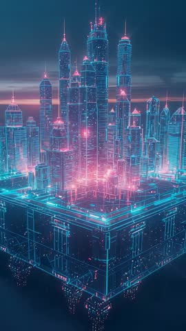 Vertical neon metropolis rotating in void, floating cyberpunk city block with particles